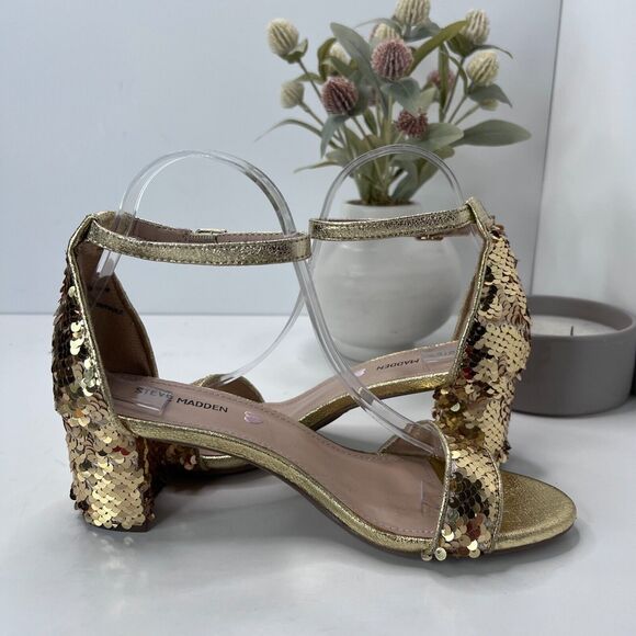 Steve Madden Carrson Sandal Gold Sequin Ankle Strap Block Heel Women's US 6 M - Picture 5 of 10